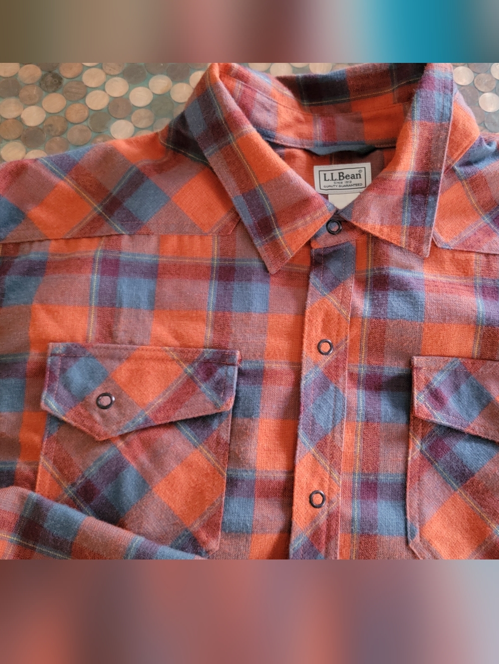 L.L. Bean Orange and Blue Plaid Flannel Snap Button-Front Shirt